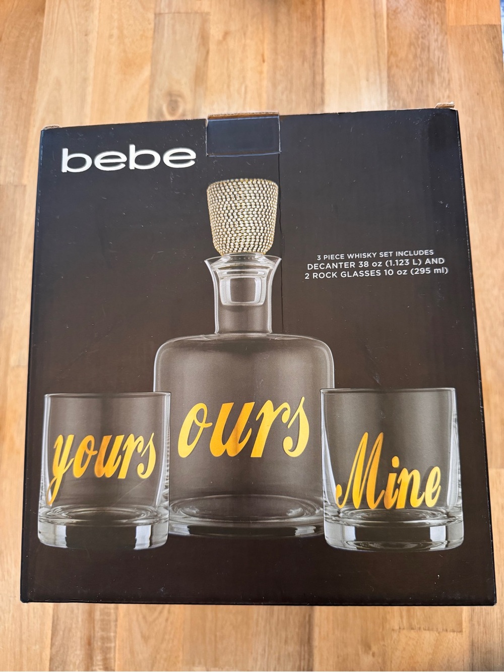 bebe Clear Decanter and Rocks Glass Set with Gold Script